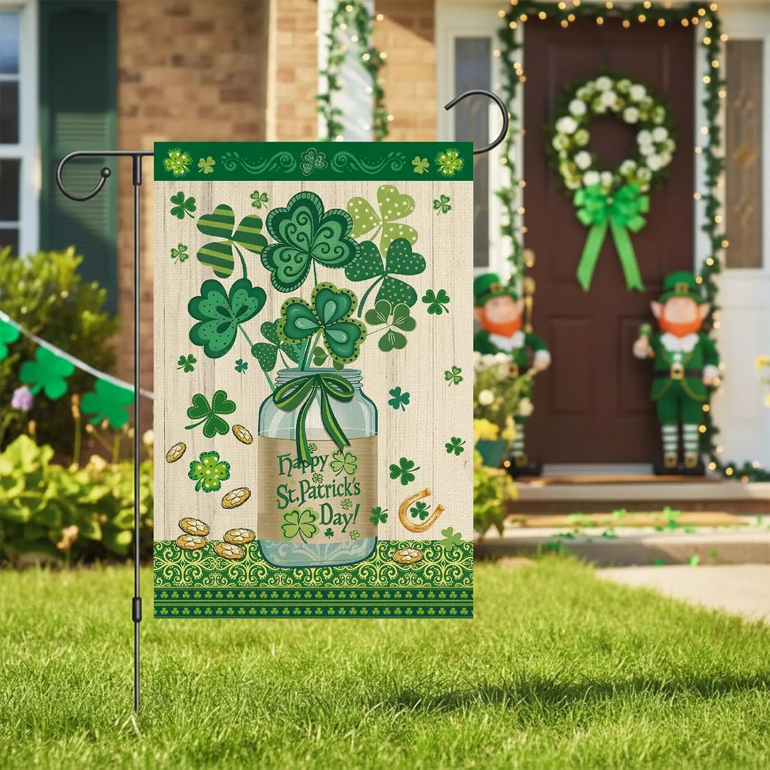 St Patricks Day Garden Flag Decorations Lucky Irish Shamrock Burlap Garden Yard Flag 12x18in Double Sided St Patrick's D UUL EEZ