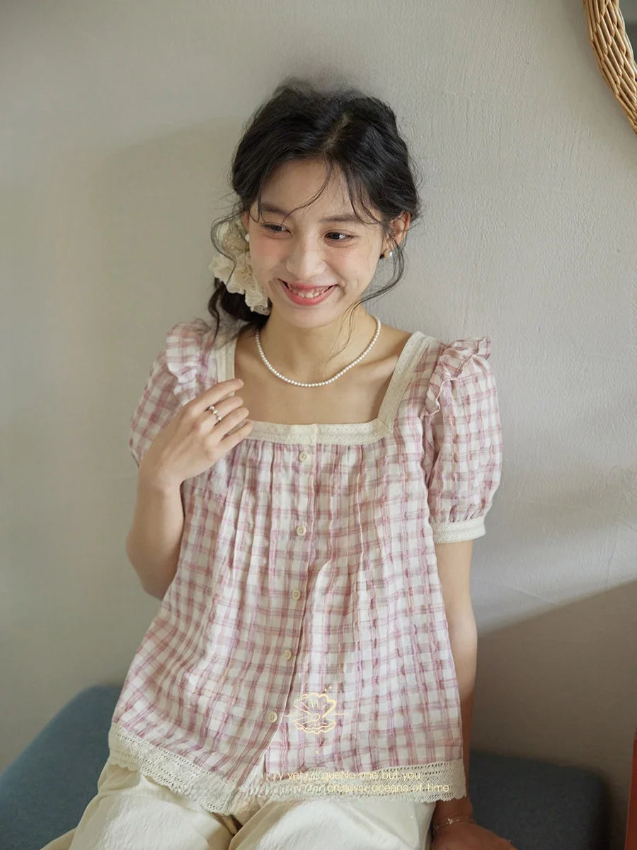 

Nov Elist Pink Gingham Shirt Women's Summer Bubble Sleeve Square Collar Blouse with Bow Tie Loose Fit Retro Style Cotton Blend