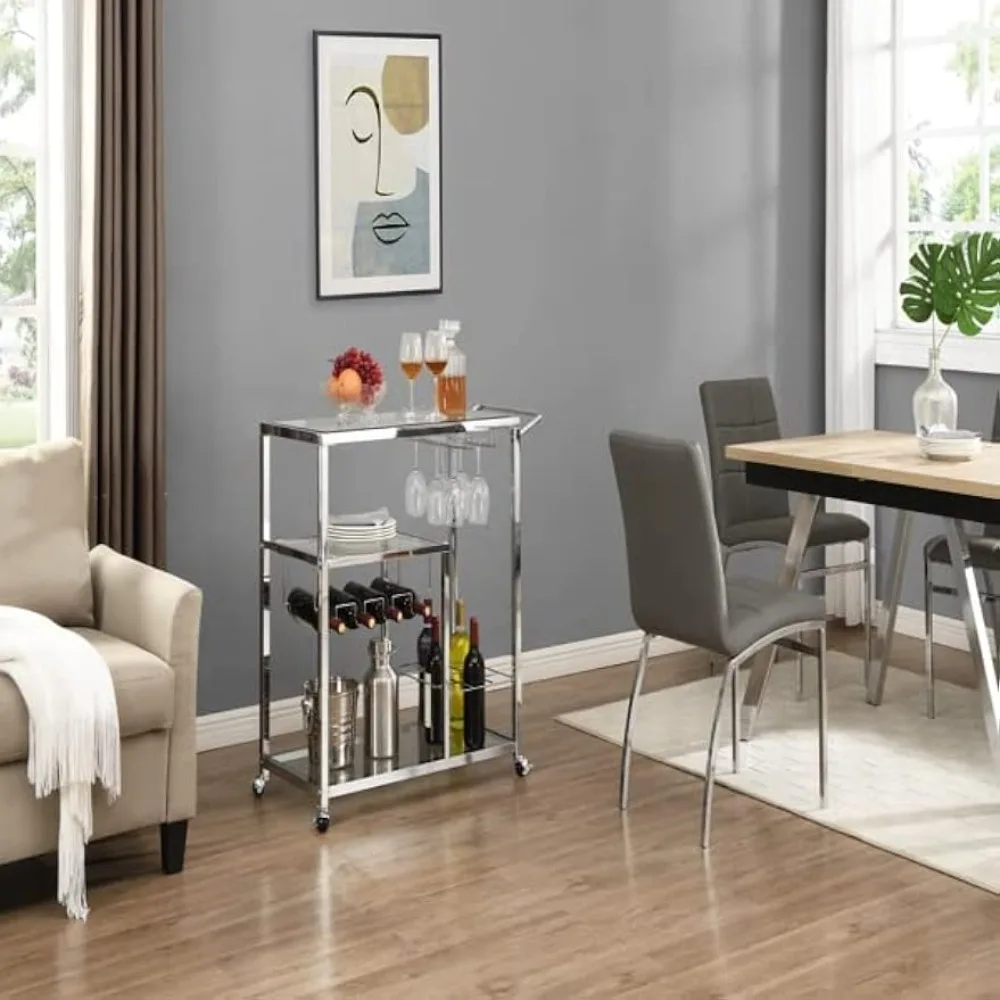 

93X40X88 cm Rolling Bar Cart, Metal Serving Cart with Tempered Glass, Glass Bar and Serving Cart, Tea Serving Bar Cart with Whee