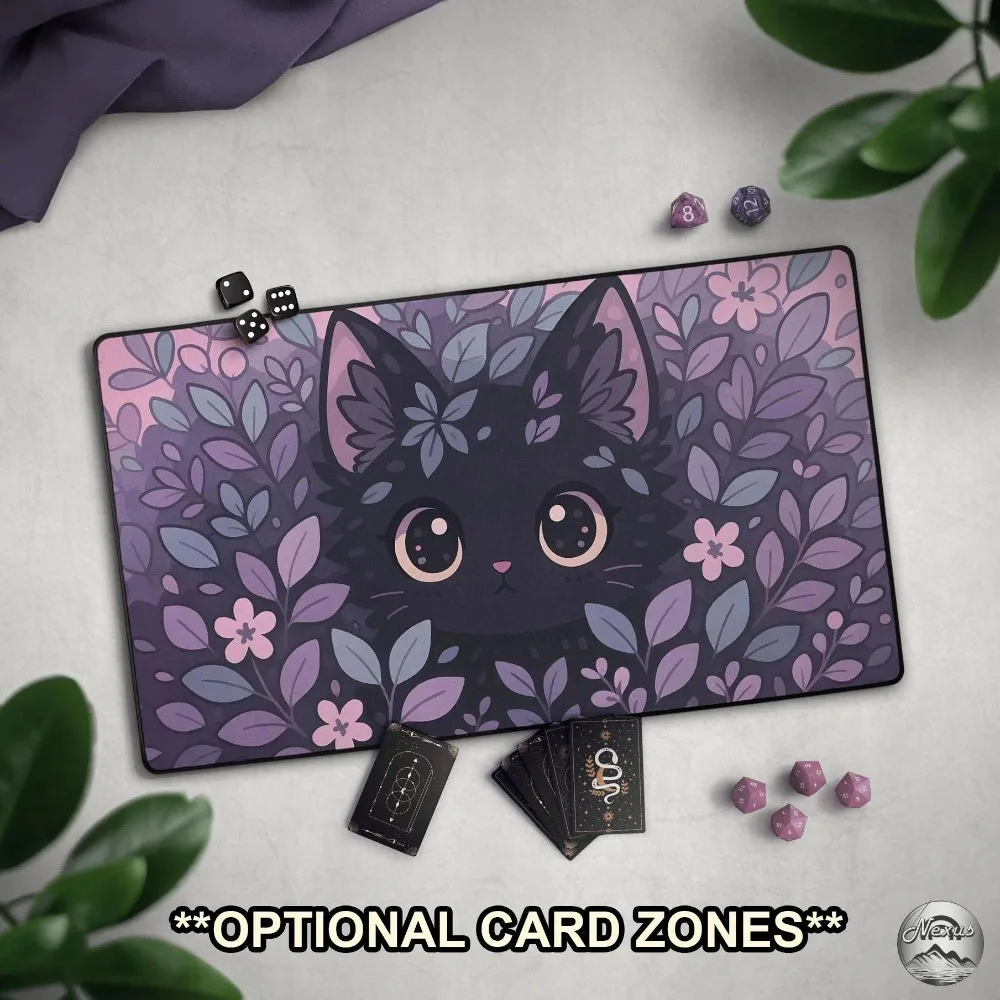 TCG Playmat: Cute Floral Black Cat, Kawaii Pink & Purple Pastel Goth Mat With EDH Card Zones, Extended Play Mat, Cat Themed