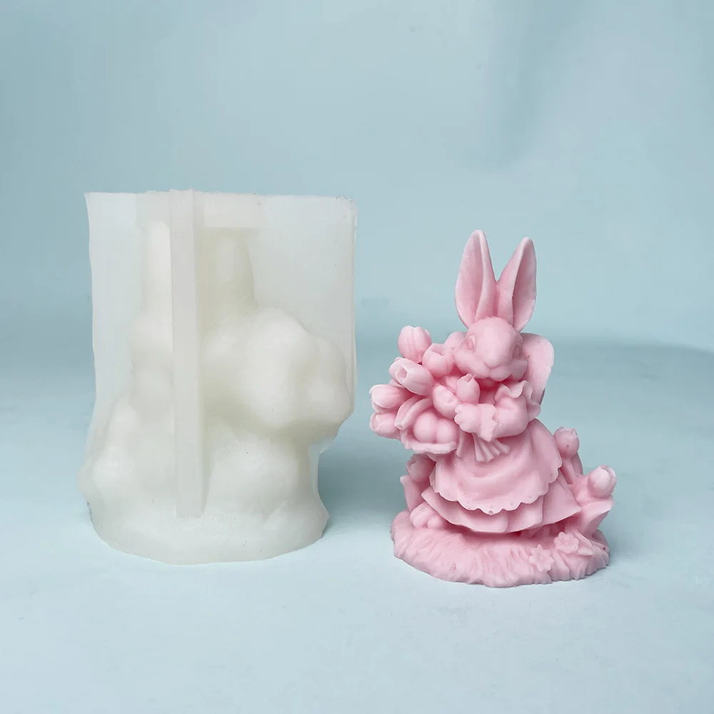 Easter Egg Pastoral Rabbit Silicone Candle Mold Flower Bow Dress Bunny Soap Plaster Mould Animal Chocolate Cake Decor DIY Gifts
