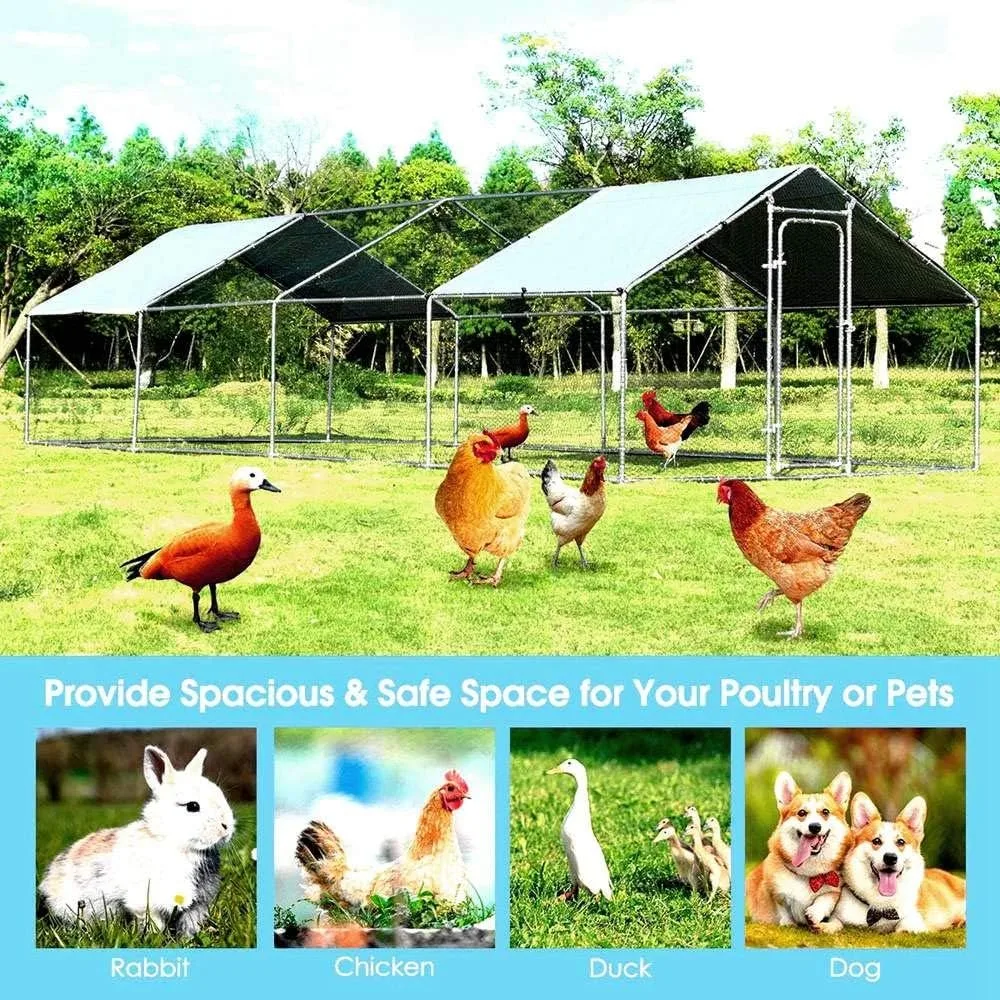 Chicken Coop Walk-in Metal Poultry Cage House Rabbits Habitat Cage Spire Shaped Coop Waterproof  (9.8' L x 26.2' W x 6.56' H)