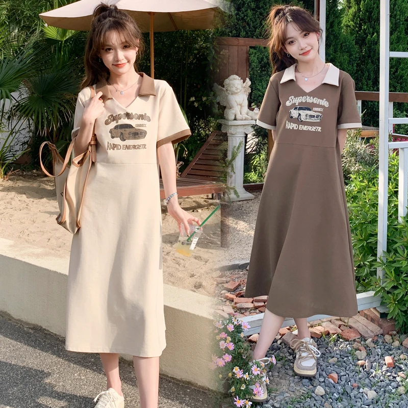 

8885# Summer Casual Cotton Maternity Long Tees Loose Straight Oversize Dress Clothes for Pregnant Women Pregnancy Clothing