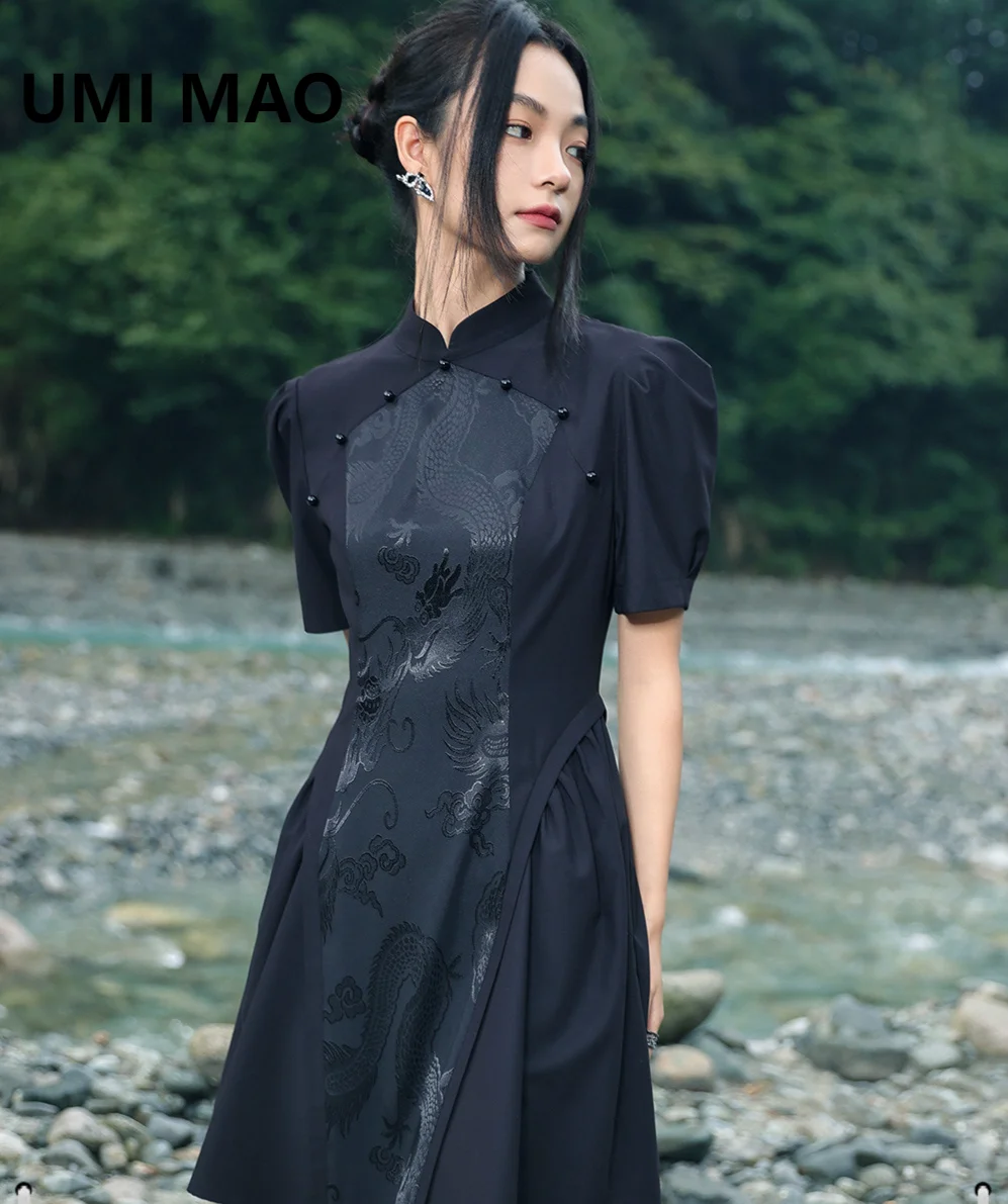 UMI MAO Chinese Style Jacquard Dress Elegant Women\'s Summer New Vintage Stitching Bubble Sleeve Black Dresses Femme Y2K