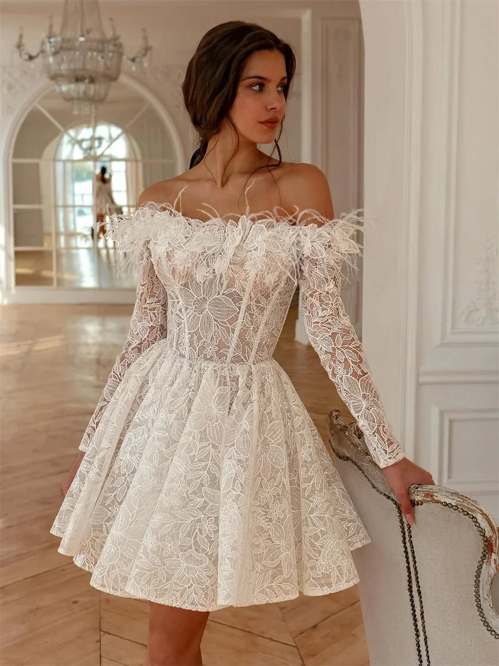 TULX Luxury Mini Lace Wedding Dresses Off Shoulder Long Sleeves Bridal Gowns A line Short Engagement Party Dresses Customized