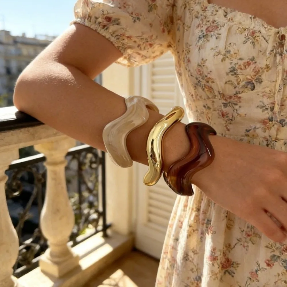 3Pcs/ Set Resin Wide Open Bangle Gold Irregular Wavy Cuff Bangles Stackable Europe American Style Exaggerated Bracelets Girls