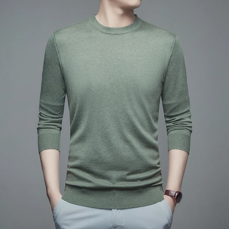 Men's Fine Spun Wool Round Neck Long Sleeved Thin Knit Spring and Summer T-Shirt Pullover Base Top