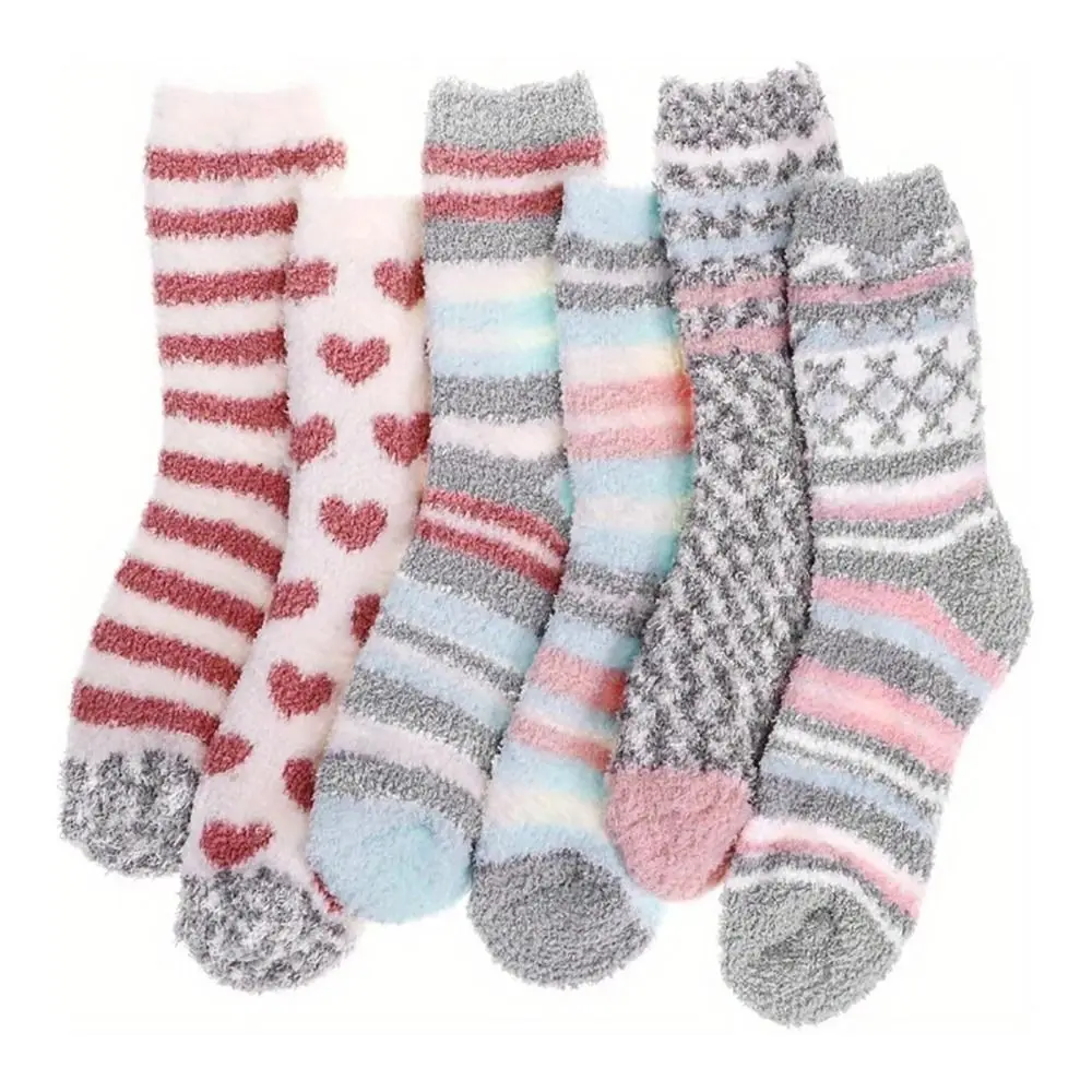 

Colorful Striped Love Heart Coral Velvet Socks Sweat Absorption Winter Warm Home Floor Socks Soft Cozy Thick Keep Warm Socks