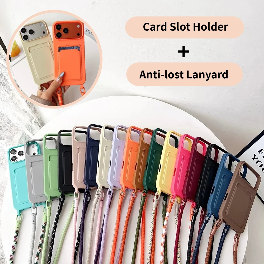 

Adjustable Crossbody Lanyard Card Slot Cover for IPhone Air 17 16 15 14 13 Pro Max Color Silicone Wallet Holder Shockproof Case