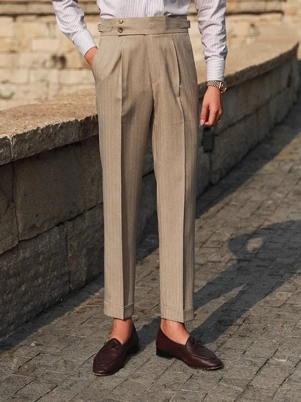 

Повседневные мужские брюки с высокой талией, полосатые прямые брюки, весна-лето, длинные брюки на пуговицах, Неапольские джентльменские драпированные брюки