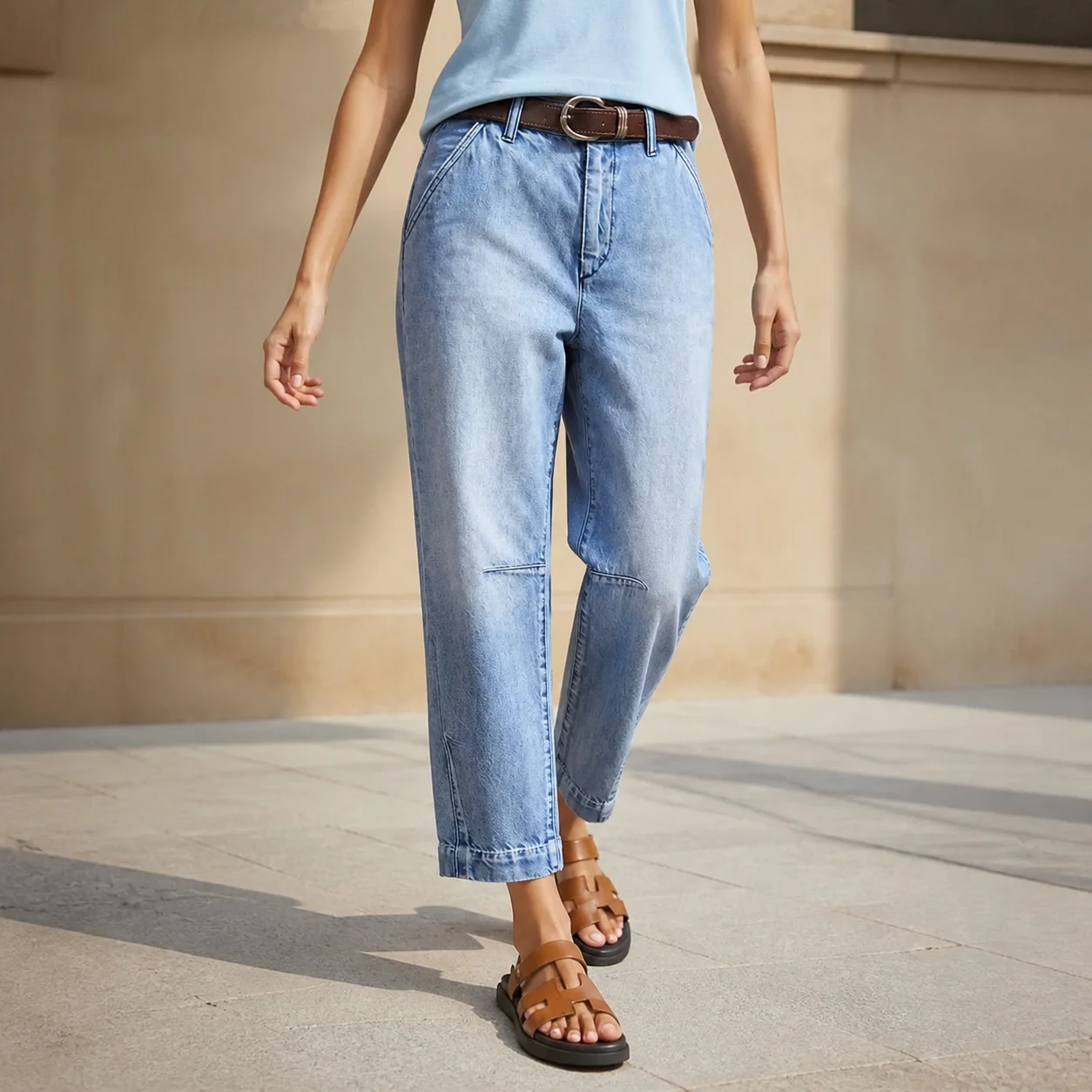 Women's Baggy Loose Fit Casual Mid Waist Full Length Washed Stretch Denim Jeans with Wide Leg and Patch Pocket for Women