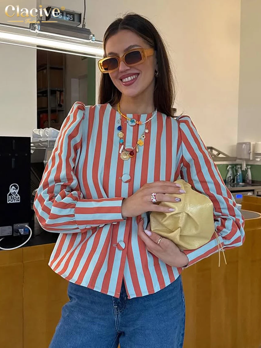 

Clacive модные свободные женские блузки в полоску с принтом, весенние рубашки с круглым вырезом и длинными рукавами, женский элегантный классический топ, женская одежда