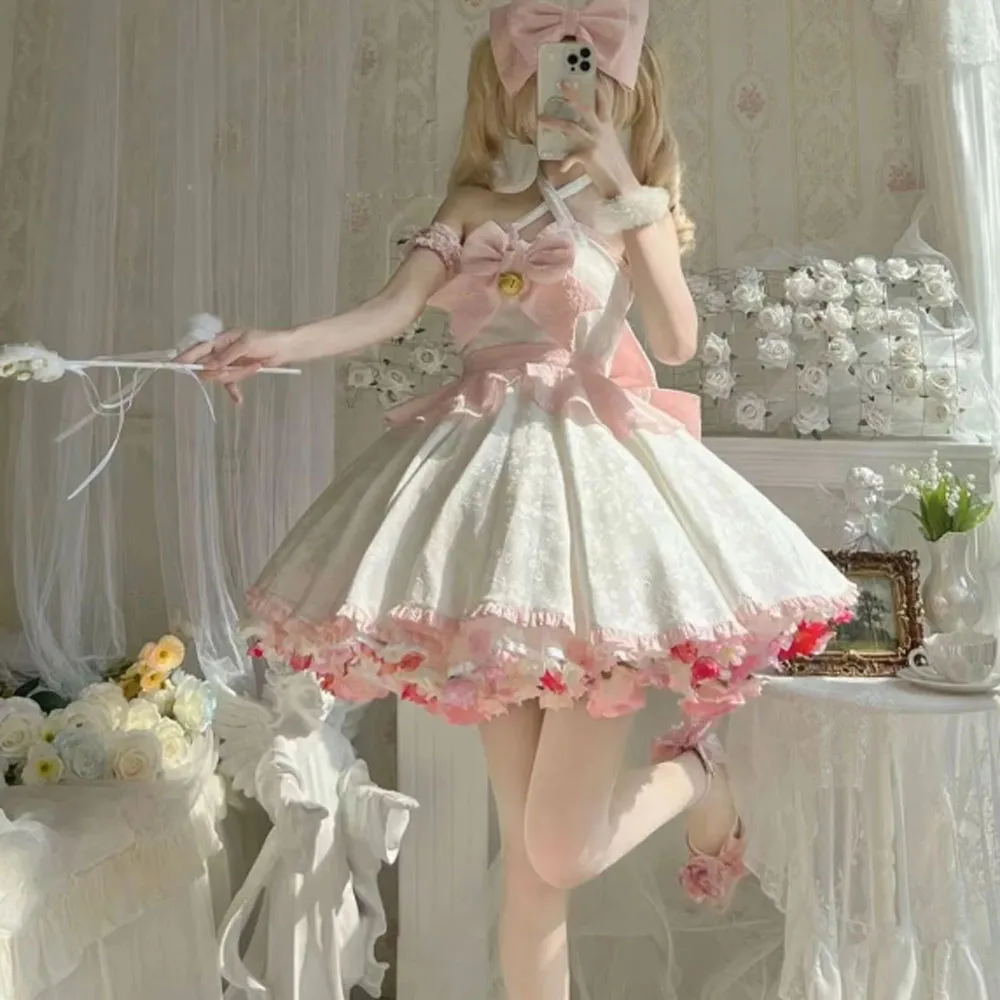 Vestido colgante de cuello de Jacquard Lolita con volantes para niña, lindo vestido de princesa de hadas súper dulce JSK, Cosplay de sirvienta Sissy, Kawaii