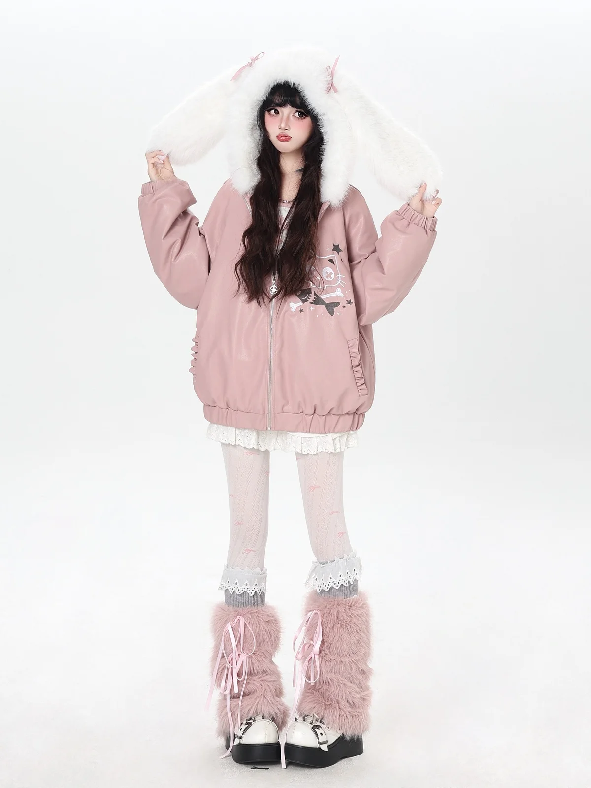 Crazygirl Original Heavy Design Rabbit Ear Hooded Jacket Cotton Inserted Versatile Outerwear Winter Thickened Long Sleeve Coat