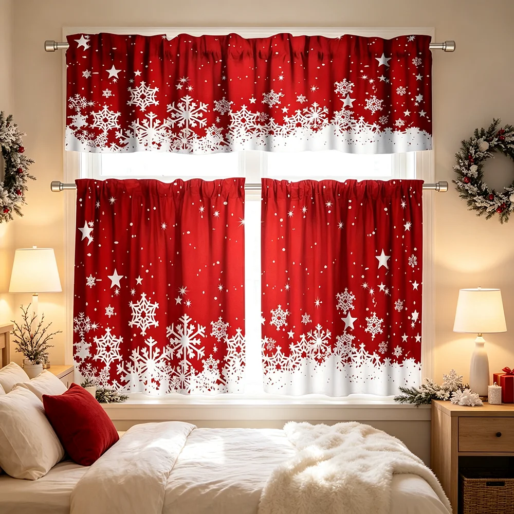 Christmas red snowflake curtains, small window decoration for holidays and winter, suitable for kitchen and living room