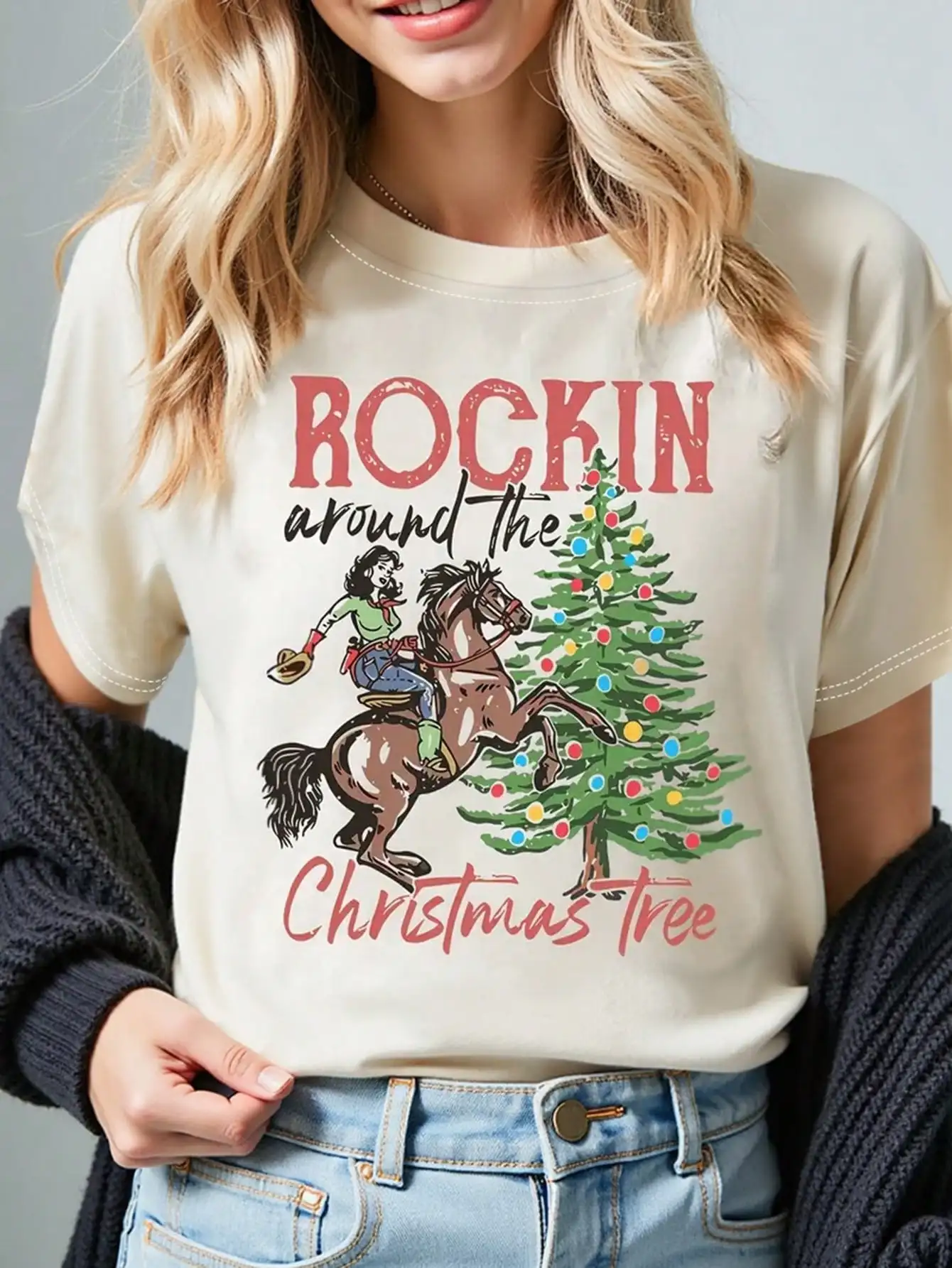 

Christmas Rockin' Around the Christmas Tree Graphic T-Shirt for Women Casual Round Neck Short Sleeve Tees Festive Holiday Top