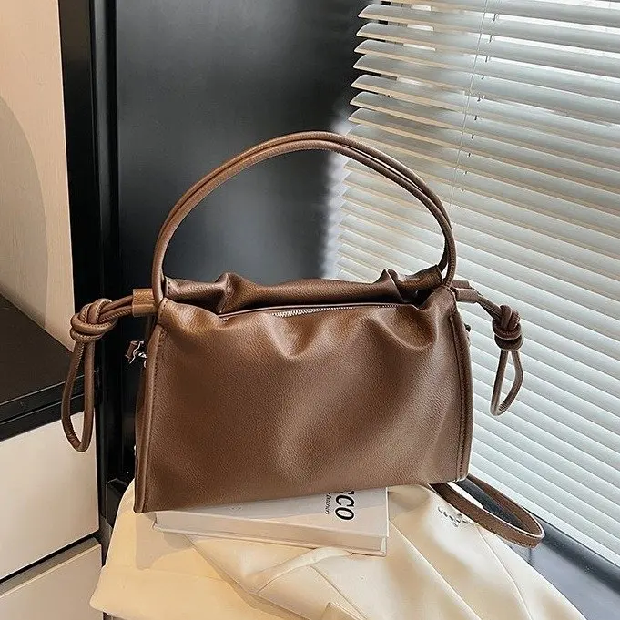 

Women's Luxury Soft Leather Handbag 2026 New Arrival Drawstring Ruched Detail Elegant Multi-Color Shoulder Purse