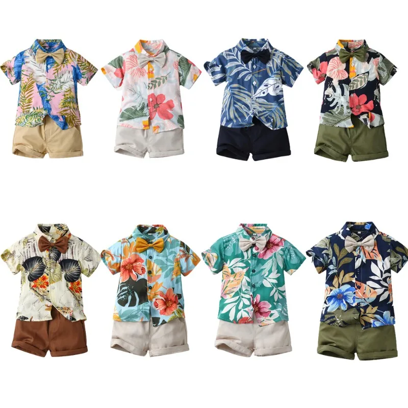 2024 ragazzi set estate Hawaiian Outfit neonato bambini stampa floreale camicia a maniche corte papillon camicia + pantaloncini Baby Gentleman Suits