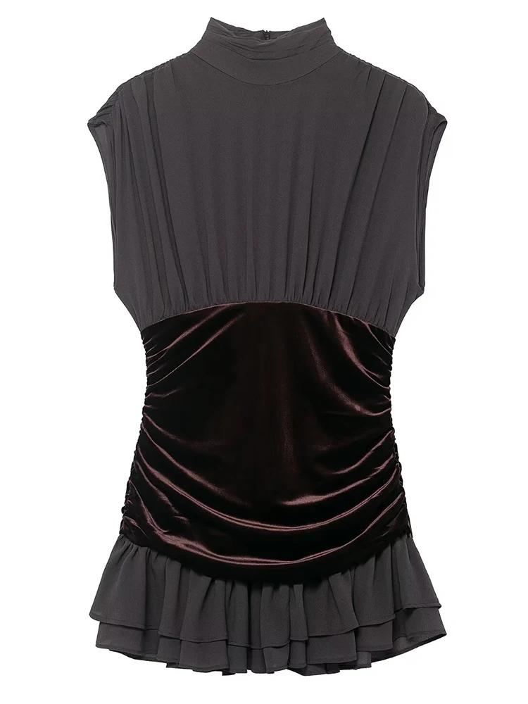 Mulheres lazer vestido 2025 moda feminina mangas curtas cor sólida splice rugas vestidos femininos verão outono elegante vestidos de festa