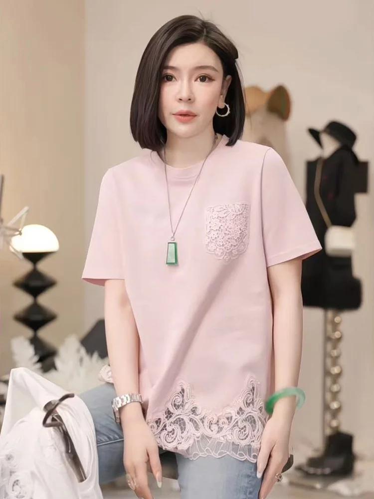 

Lightweight Single ket Lace Splice ort Sve T-irt round Ne Pure Cotton Breathable oulder Level Top for Summer