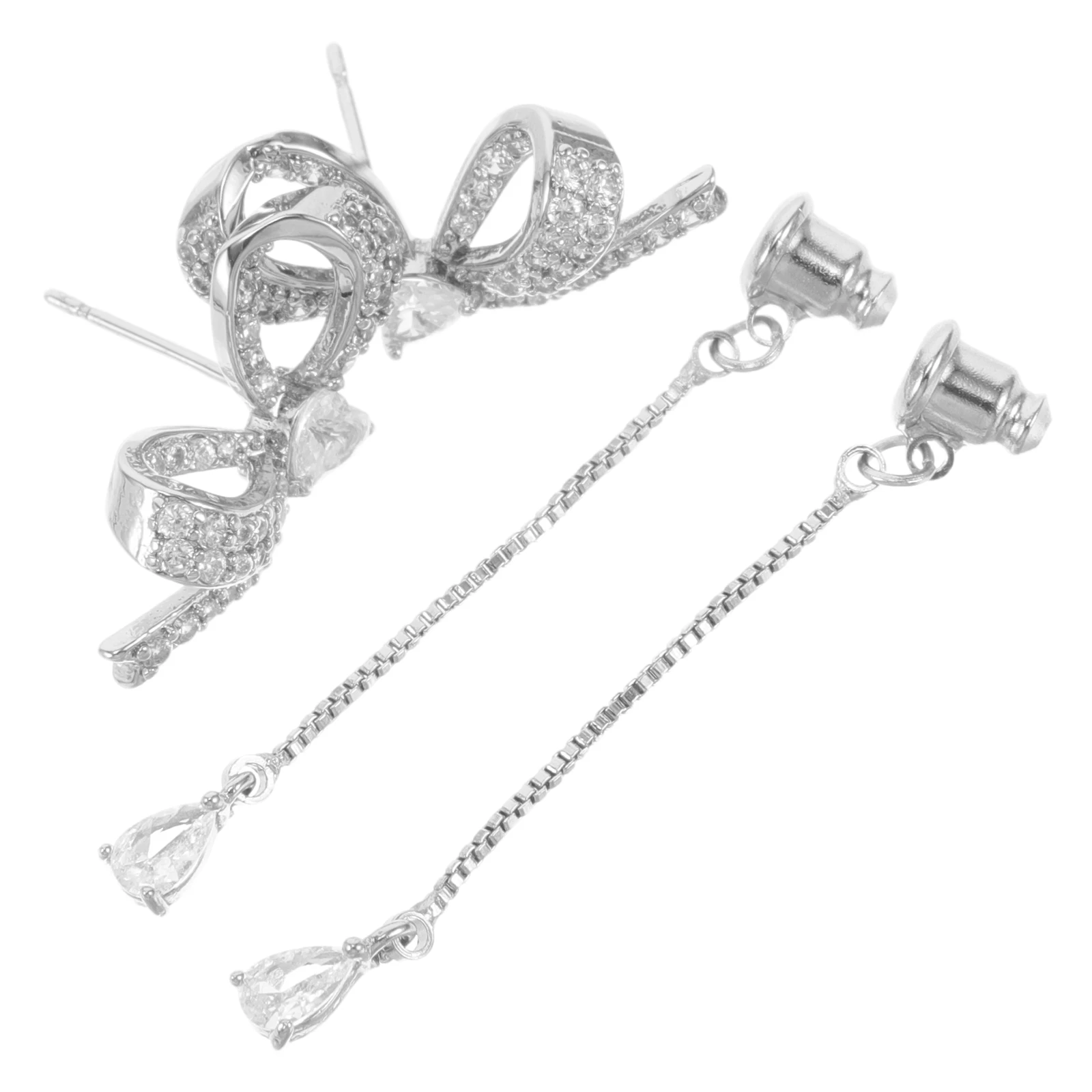 1 Pair Butterfly Bow Rhinestone Earrings For Women Silver Tassel Drop Crystal Statement Sparkly Long Lightweight Zircon Dangle