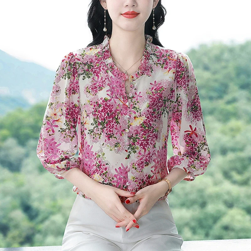 Chiffon Vintage Women's Shirt Summer Print Casual Women Blouses Loose Three Quarter Top V-neck Korean Version Clothing Sales