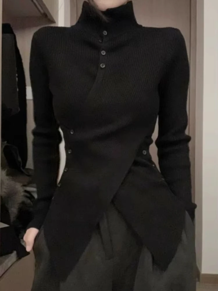 

Oversize Irregular Slim Fit Bottoming Sweaters Simple Black Turtleneck Knitted Tops Women 2026 Autumn New Long Sleeve Cardigan