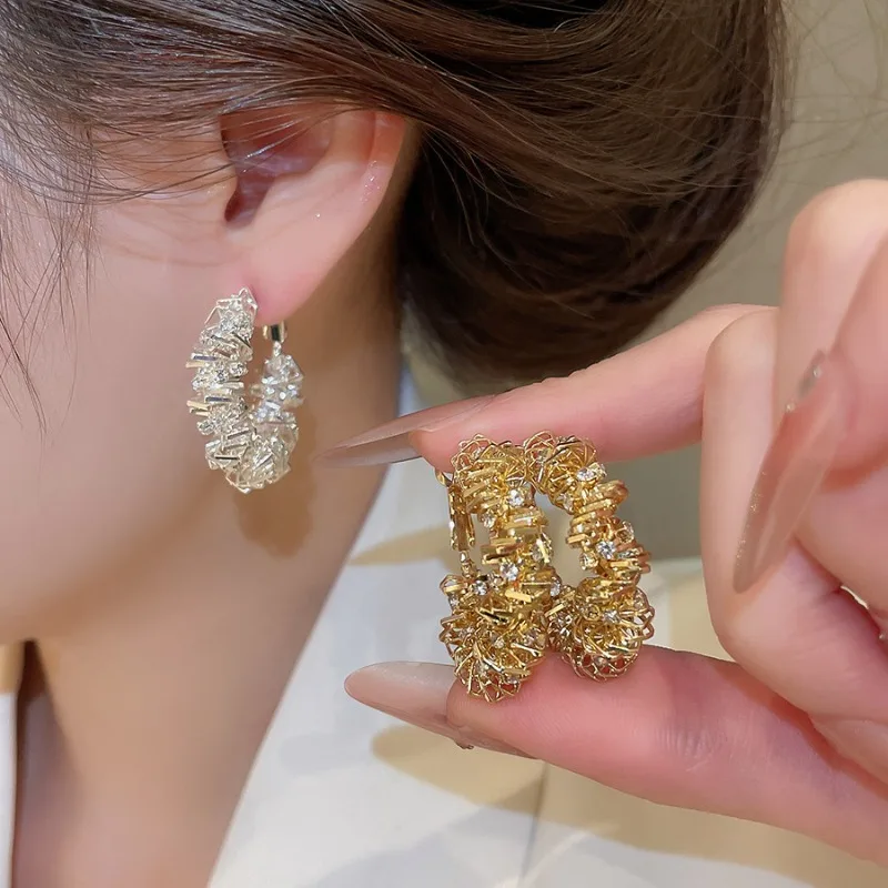 Minar Charming Shiny Silver Water-wave Irregular Beads CZ Cubic Zirconia Drape Round Hoop Earrings for Women Femme Party Jewelry