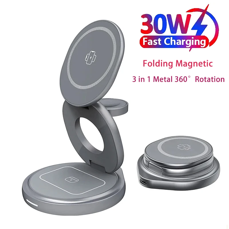 Foldable 30W Magnetic Wireless Charger Stand For iPhone15 14 13 12 Pro Max Apple Watch Airprods Pro 3 in 1 Fast Charging Station