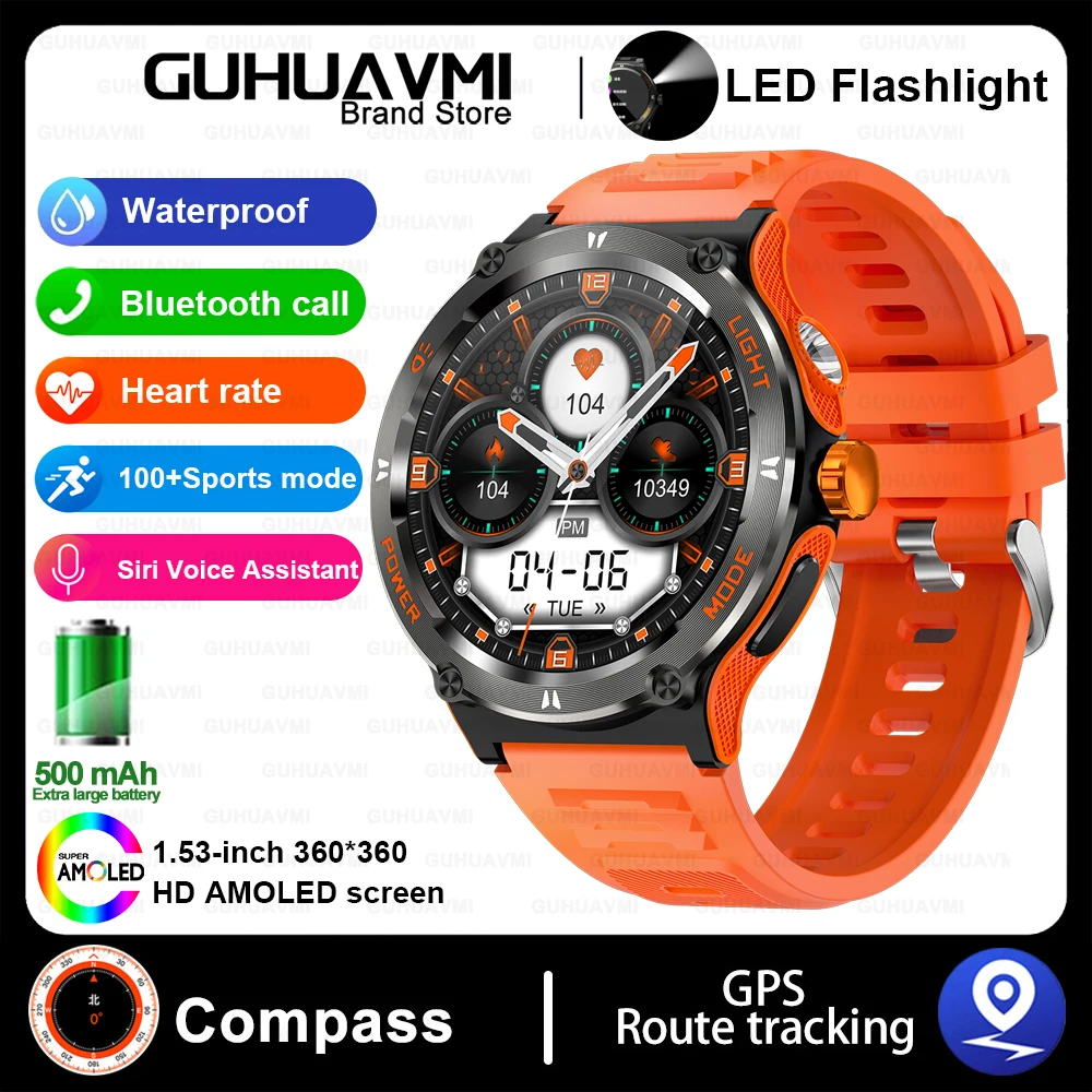 GUHUAVMI Heiße Outdoor-Militär Smartwatch Männer führte starkes Licht amoled Bildschirm Herzfrequenz Kompass Bluetooth Anruf 3atm wasserdichte Smartwatch 7