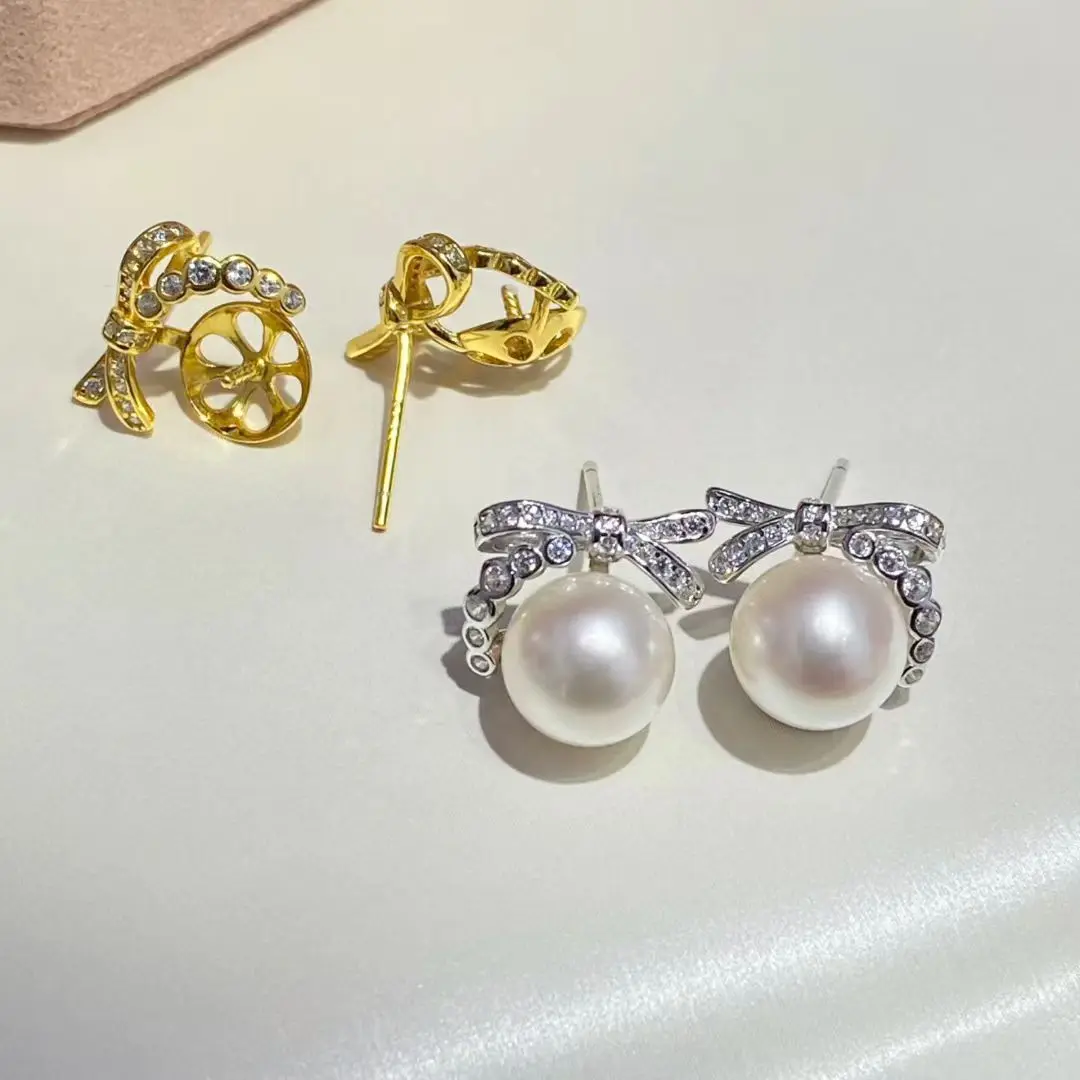 Wholesale S925 Sterling Silver Earrings Mount Findings Settings Base Mounting Parts Accessory for 8-9mm Pearls 5 pairs/lot