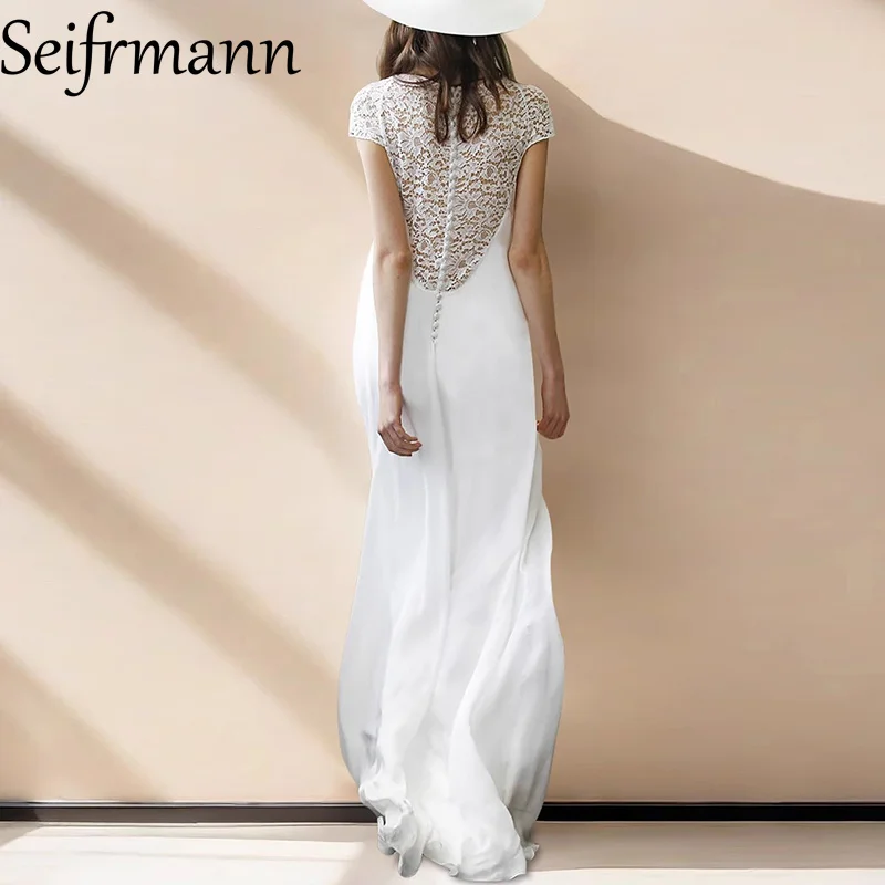 Seifrmann Solid Short Sleeve Slim Women Long Dress Sexy V-Neck High waist Lace Hollow Out Elegant Chic Summer Party Prom Dresses