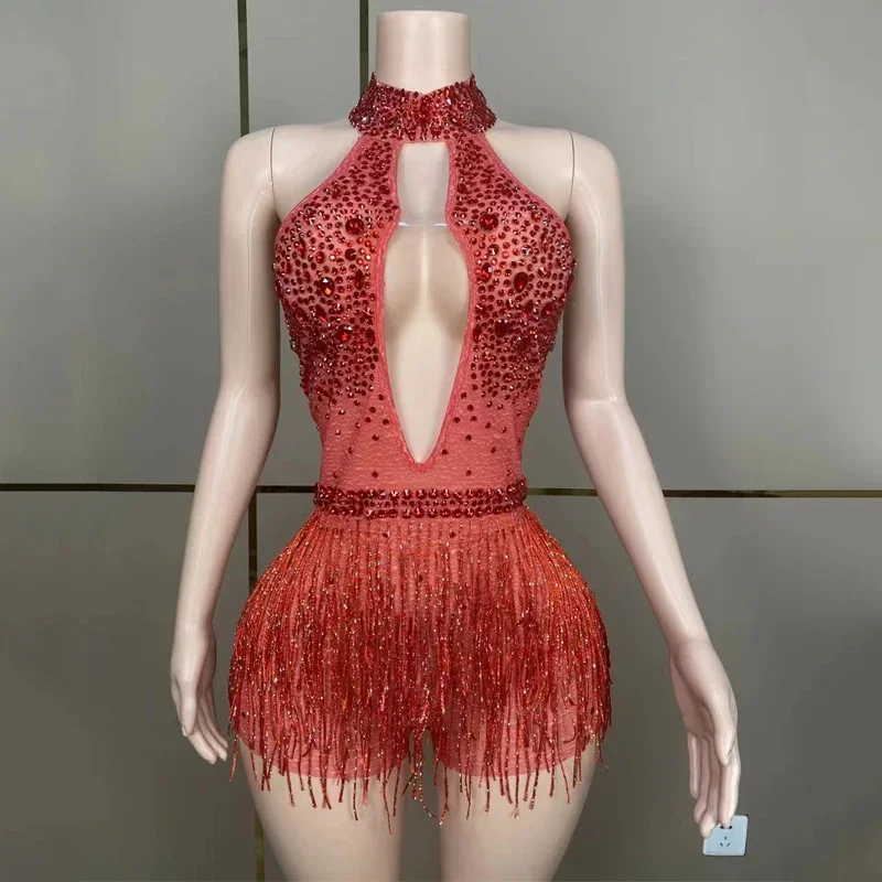 섹시한 홀터 폴댄스 의상 블랙 라인스톤 프린지 바디수트 여성 나이트클럽 DJ DS 무대 레이브 의상 XS7484