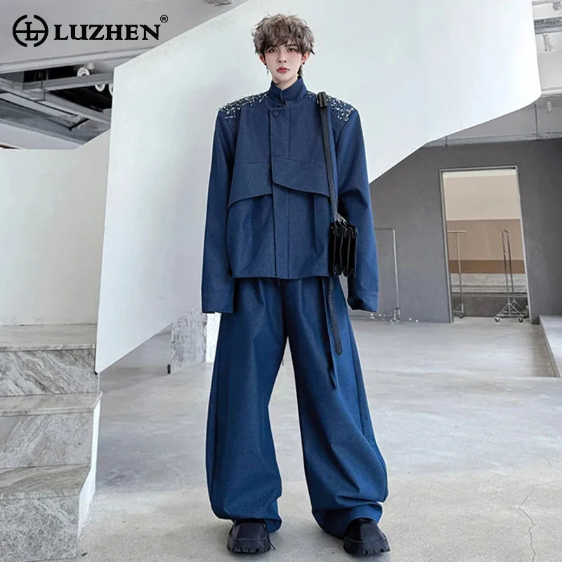 

LUZHEN Fashion Niche Two-piece Sets Men 2025 Autumn Metal Pin Decorate Patchwork Design Casual Jacket Straight Tube Pants JY4239