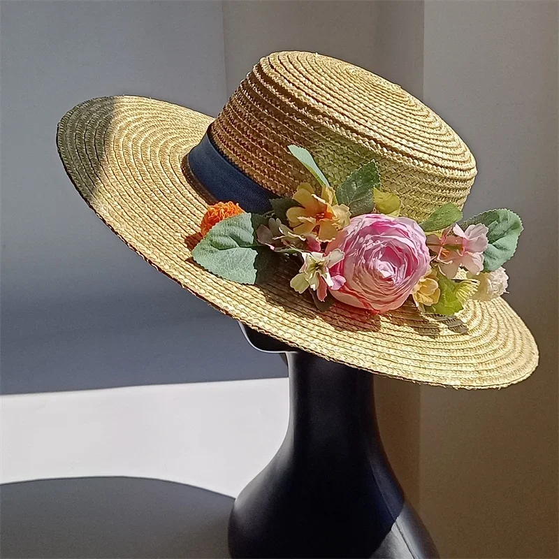100 Percent Straw Hat Artificial Flowers Simulation Flower Straw Hat Removable Flat Top Female Stage Summer Strap Women Wedding