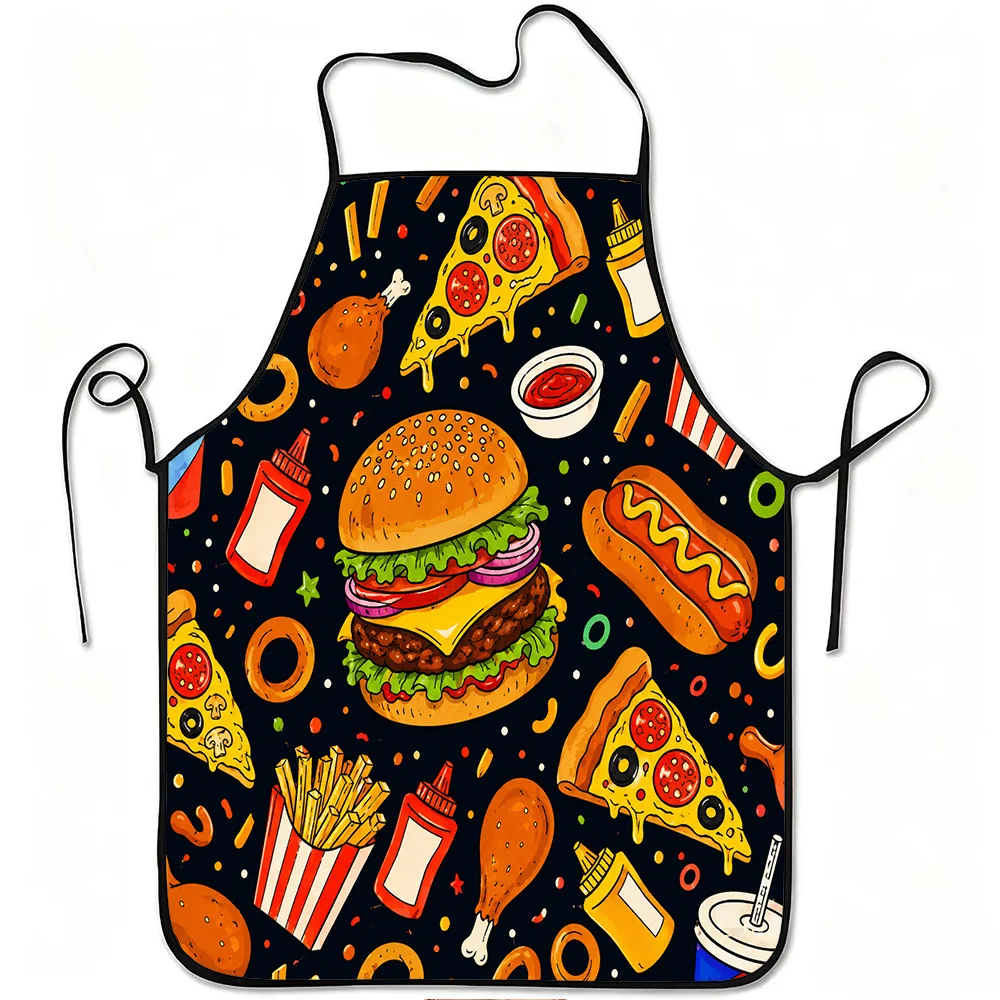 Fast Food Pattern Apron, Funny Burger Pizza Fries Cooking Bib, Colorful Kitchen Decor, Gift for Chef, Black Foodie Textile
