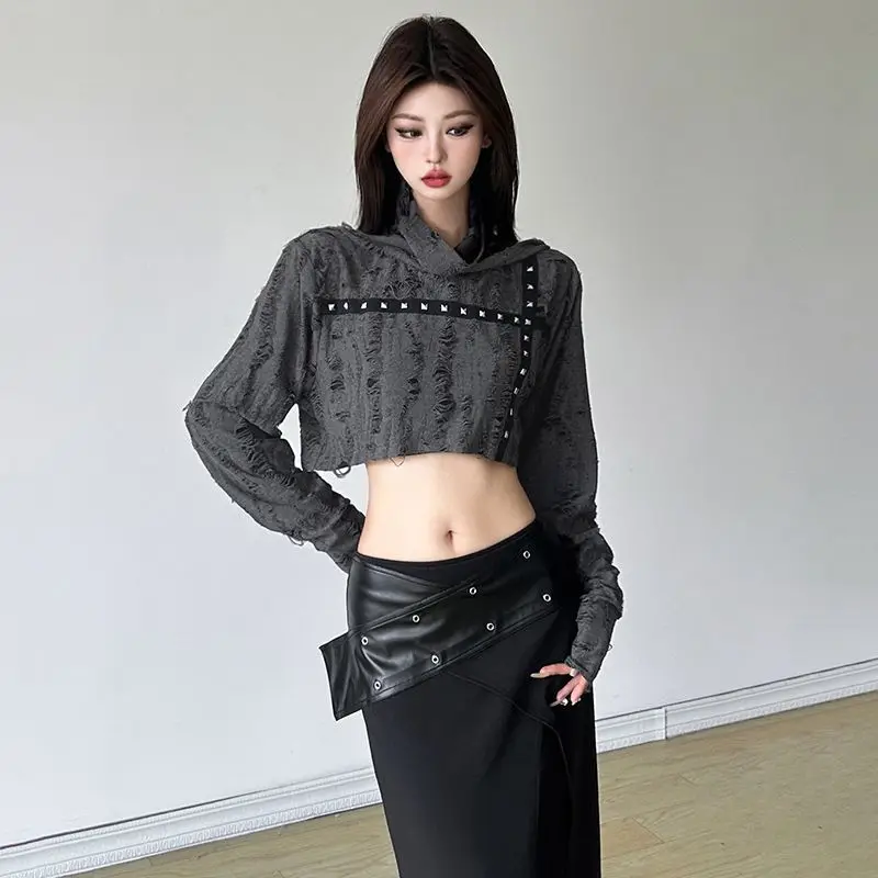 Women Grunge Y2K Hot Girl Sleeveless Hooded Crop Top Ripped Distressed Detachable Sleeve Arm Warmers Top Summer Base Layer