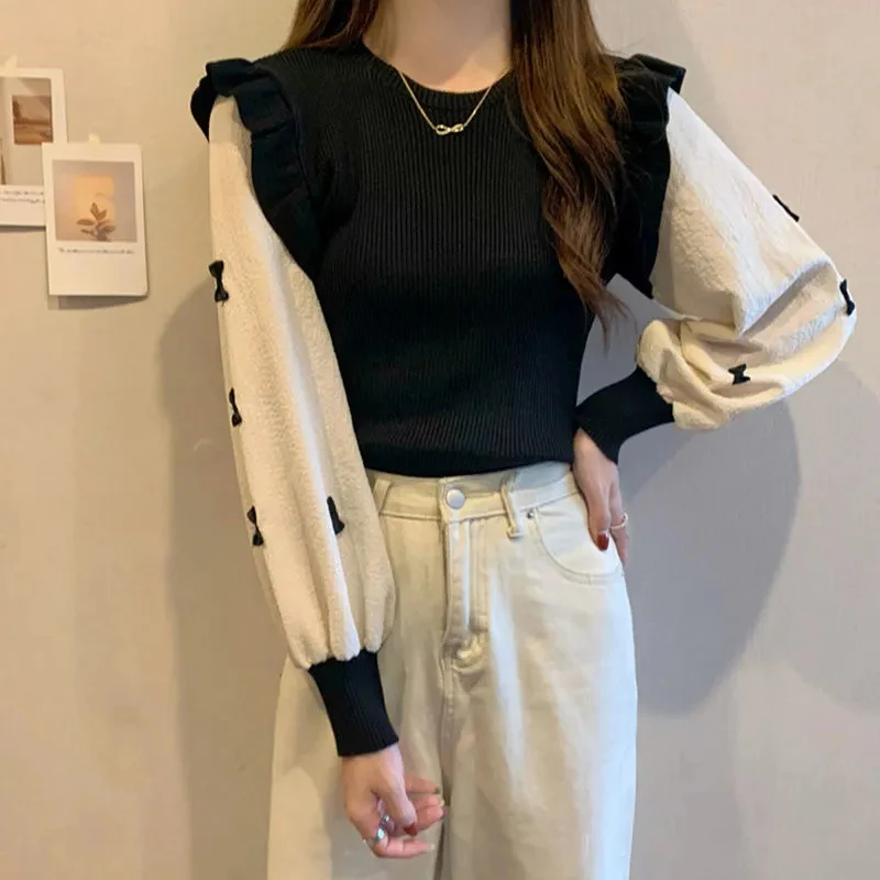 Korean Ruffles Bow Tie Pullover Sweater Women Fashion O-neck Long Sleeves Loose Preppy Style Knitted Sweater Slim Women Sweater