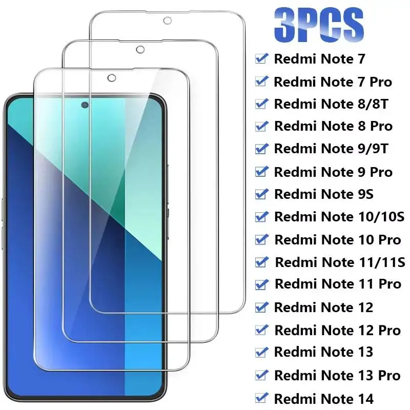 

3-1PCS Tempered Glass Screen Protector For Xiaomi Redmi Note Series 14/13/12/11/10/9/8/7 Pro 9S/10S/11S/8T/10T