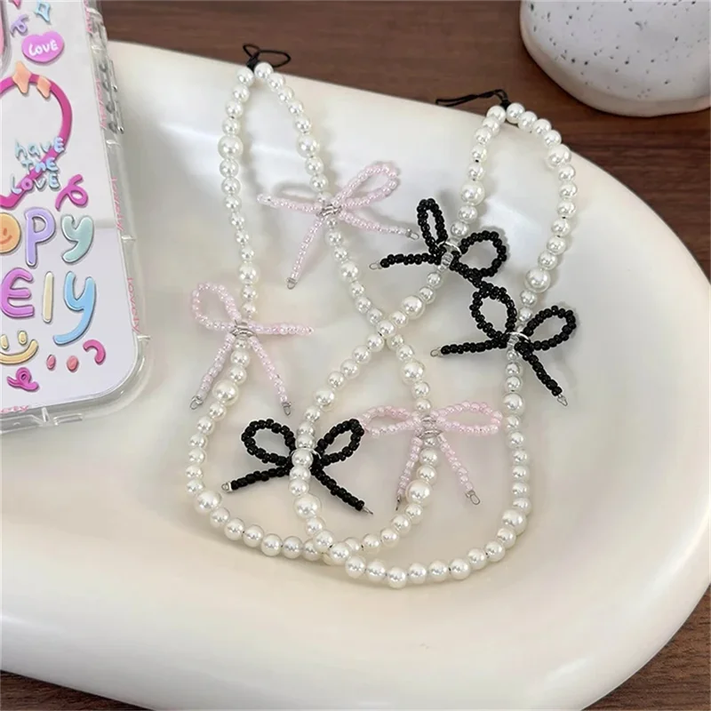 Korean Cute 3D Bowknot Pearl Beaded Phone Chain For iPhone 16 Camera Accessories Hanging Rope Anti-Lost Lanyard Hanging Jewelry