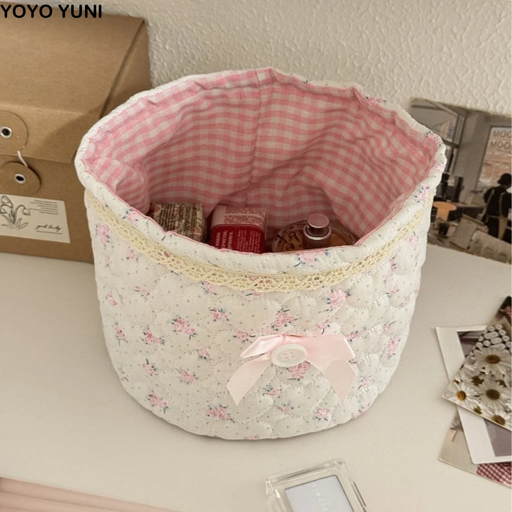 Essentials Multi-Purpose Storage Basket Quilting Cotton Bow Storage Bag INS Cute Desk Organizing Bag Makeup Storage
