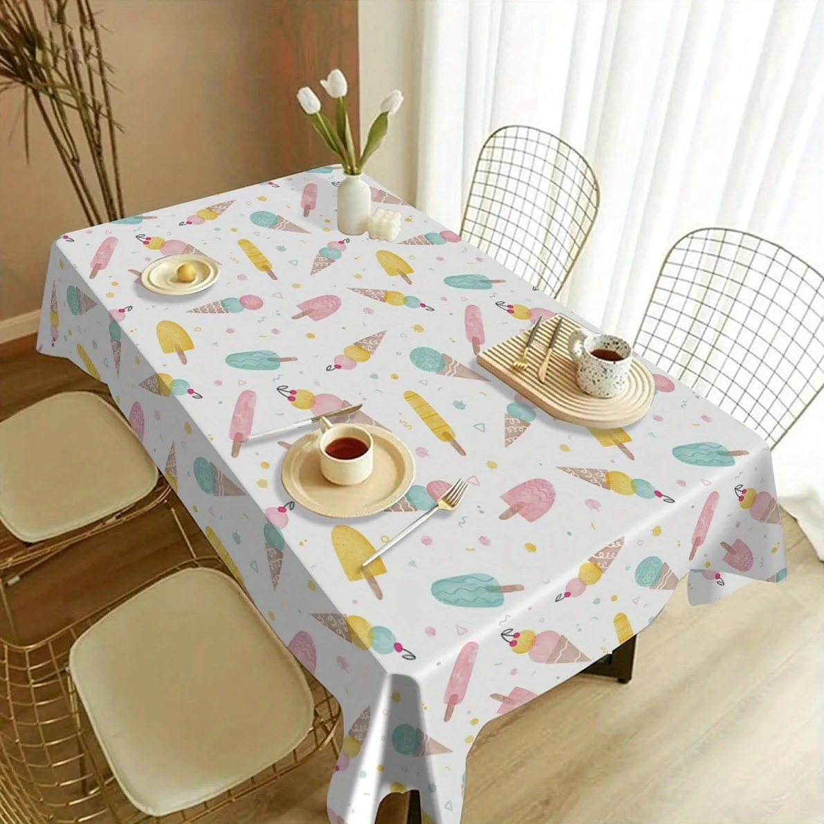 One polyester tablecloth with food ice cream gift print decoration.