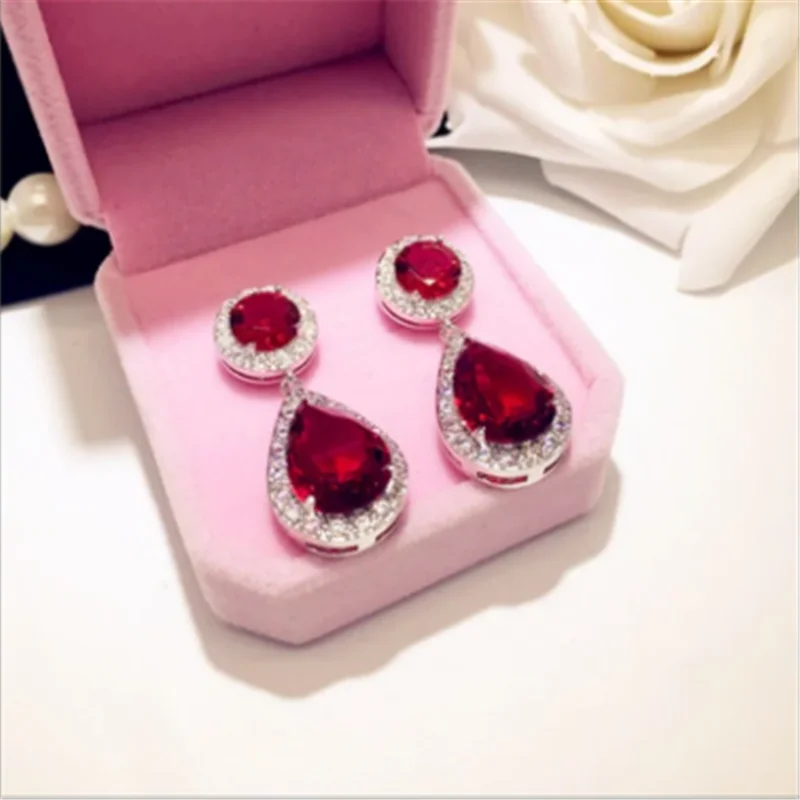 S925 Sterling Drop Earrings For Women Ear Studs Fine Jewelry Luxury Red Cubic Zirconia Temperament Brincos High Quality