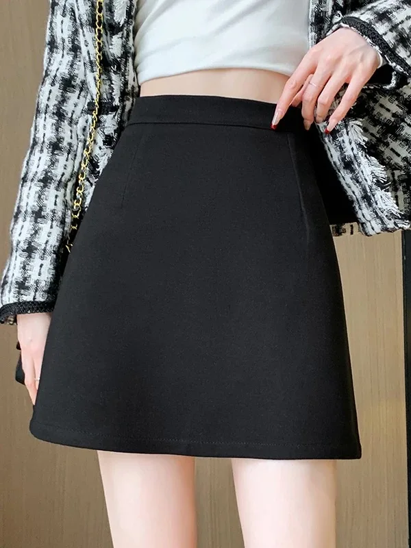 

Black Woolen Skirt Women's Autumn Winter New Style Commute High Waist Slim Fit Bodycon Skirt Small Size A-Line Short Skirt