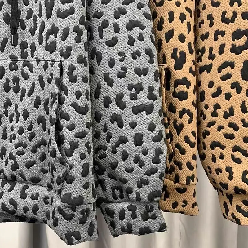 Euro-us Leopard Animal Pattern Women\'s Hoodie Street Fashion Female Thick Style Plush Sweatshirt Loose Grey Mid-length Pullover