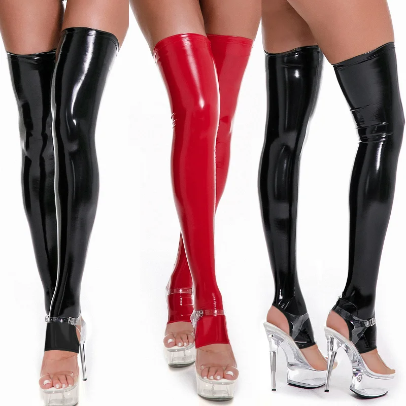 Damen Plus Size PVC Wetlook Overknee-Strümpfe aus Lackleder mit freiliegenden Zehen für Nachtclub-Bühnenauftritte.