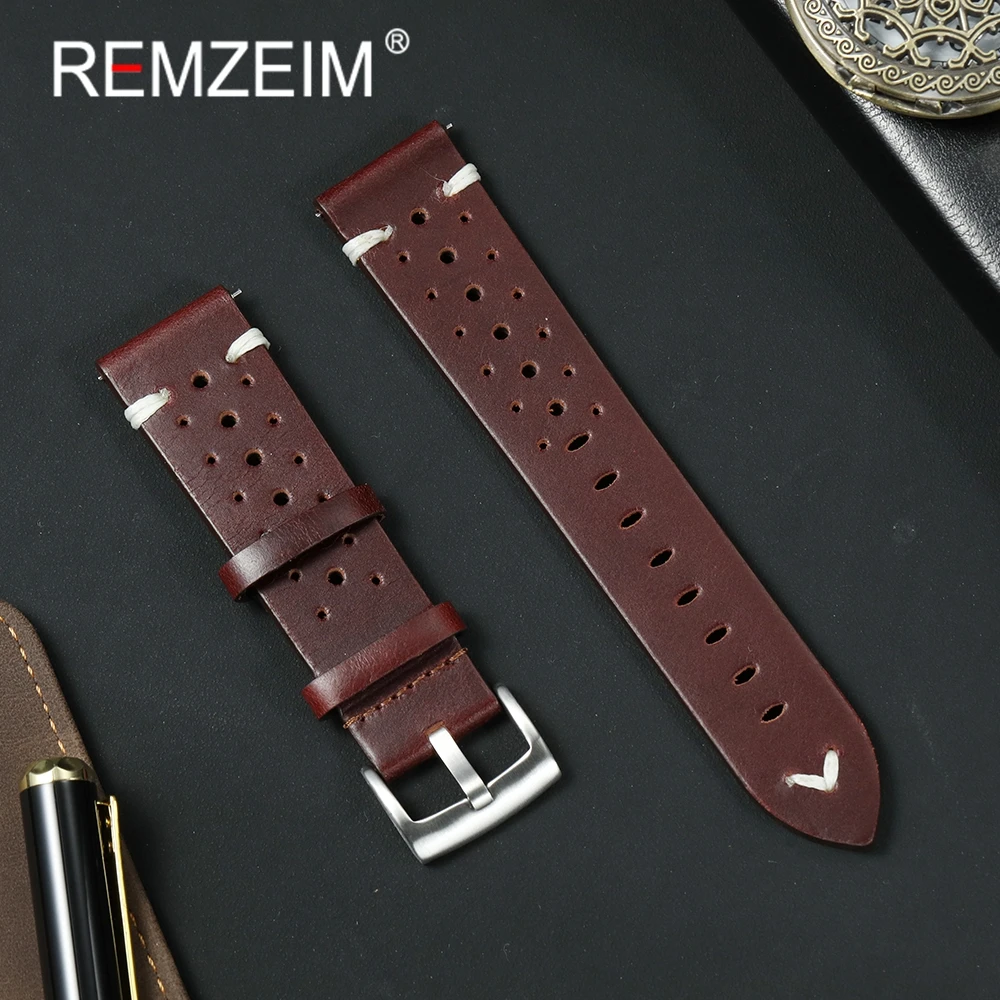 Echtes Leder-Uhrenarmband, poröses, atmungsaktives Uhrenarmband, 20 mm, 22 mm, handgefertigte Nähte, Schnellverschluss-Uhrenarmbänder aus Rindsleder