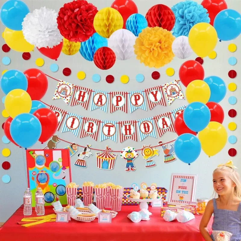 Karneval Zirkus Party Dekorationen Kit rot blau gelb alles Gute zum Geburtstag Banner Luftballons Papier Blume Waben ball Kreis Girlanden – Detail 2