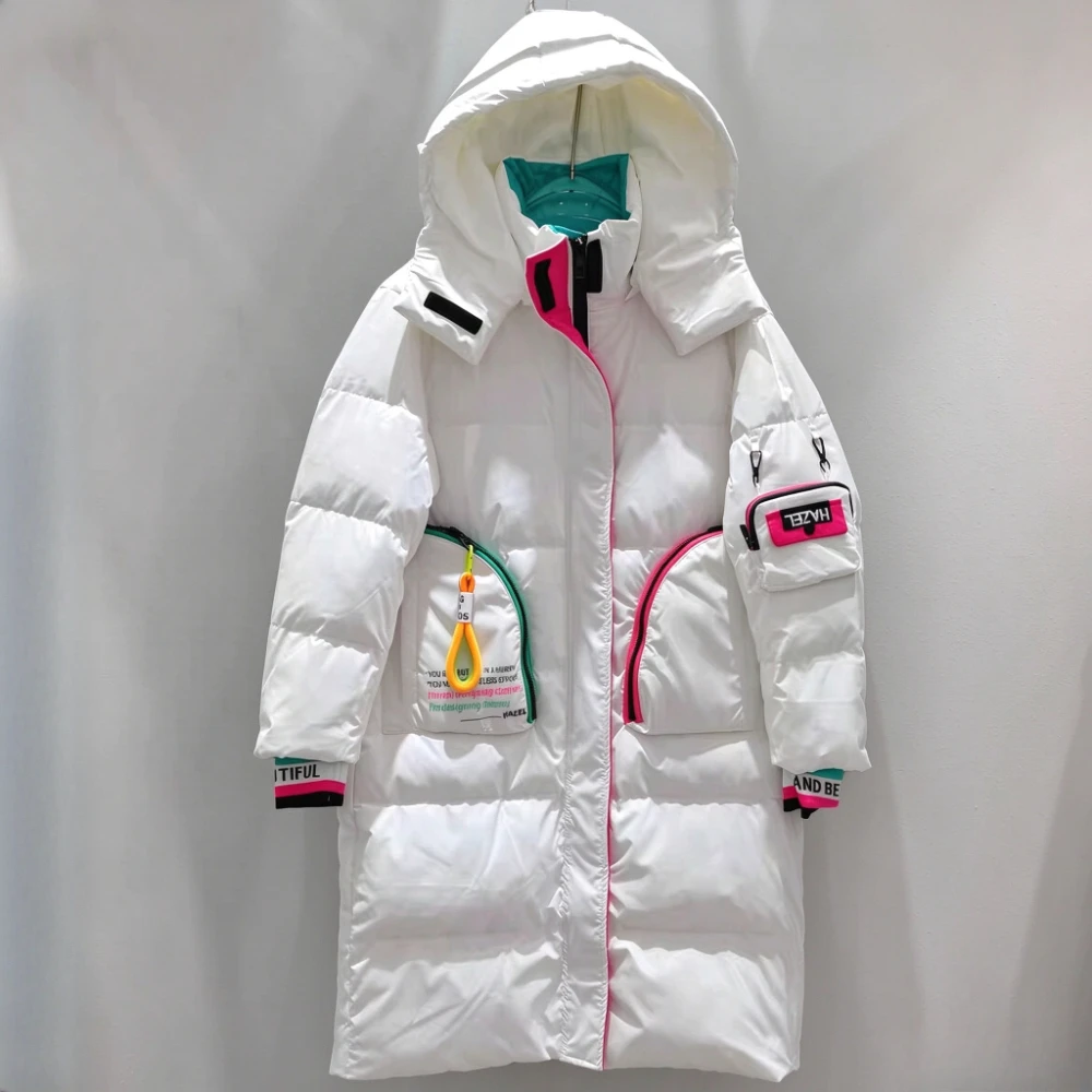 Winter Coat Down Jacket Women Long-Length Warm Trendy Color-Blocking White Duck Down Bread Coat pocket hooded outerwear