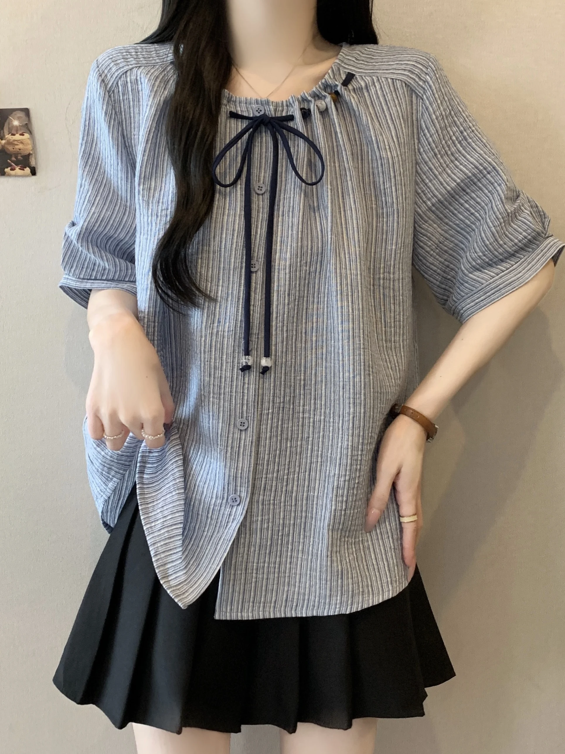 

plus Size Summer Casual Knot Shirt Loose Slimming Top Women's Fashion Korean Style Young-looking Tie-dye Blouse